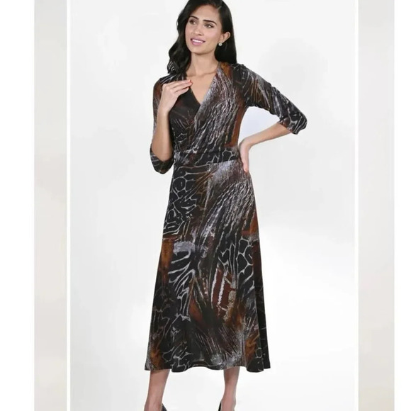 FRANK LYMAN Montreal US Size 12‎ Whiskey Grey Knit Animal Print Midi Dress - Picture 1 of 6